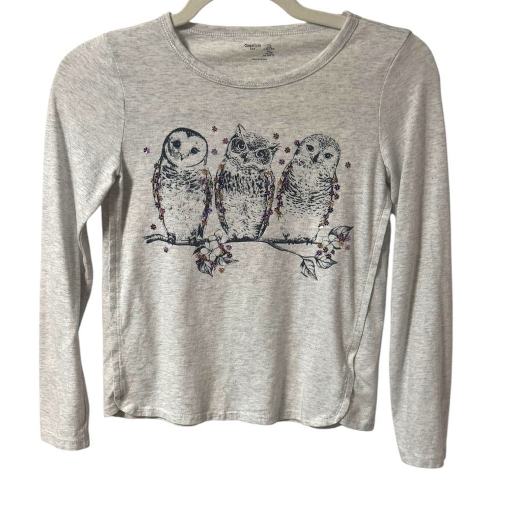 Gap Kids Owl Long Sleeve Top Girls Size Large Grey Whimsical Flower Sequins